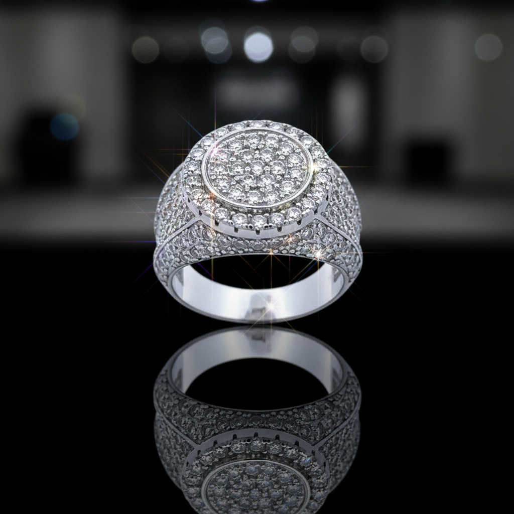 Circle Iced Out Moissanite Ring in luxury setting